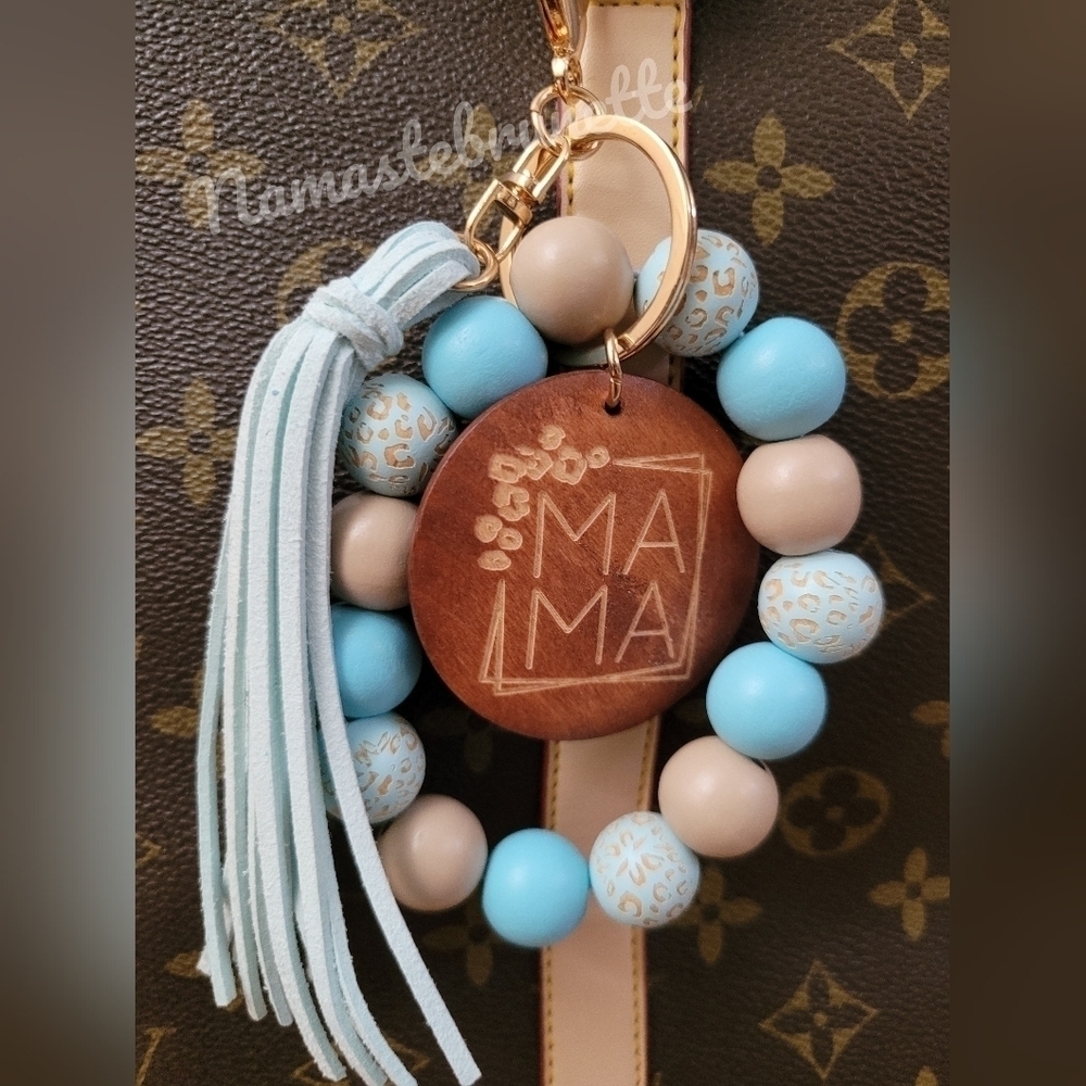 Wooden Beaded Mama Keychain Bag Charm With Blue Tassel